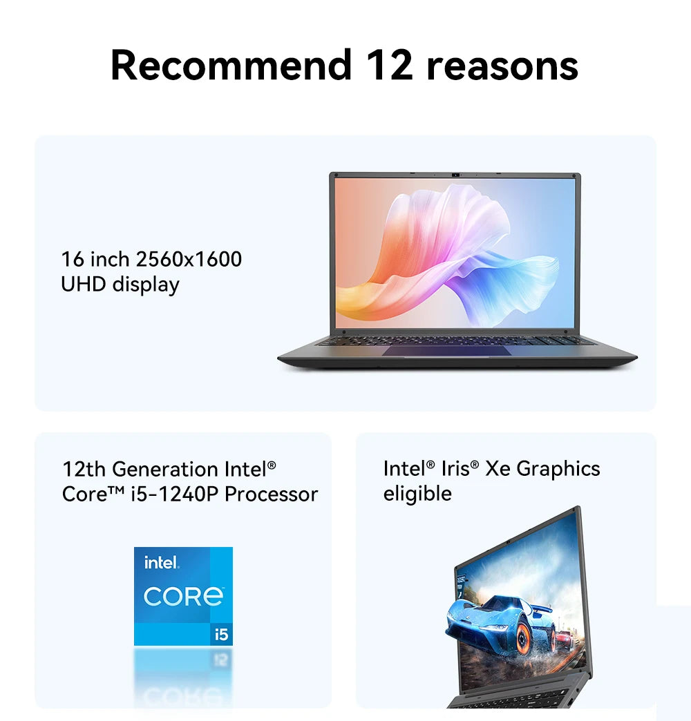Adreamer 16 Inch Laptop Intel Core I5 1240P 2.5K IPS Display 16GB RAM 1TB SSD Windows 11 Notebook Portable Ultra-Slim Tech-store