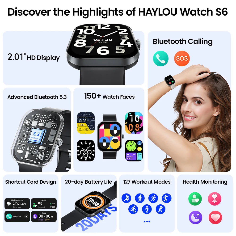 HAYLOU Watch S6 Smartwatch – 2.01" Display, Bluetooth Calling, Heart Rate & SpO2 Monitor, 7-Day Battery Life Tech-store
