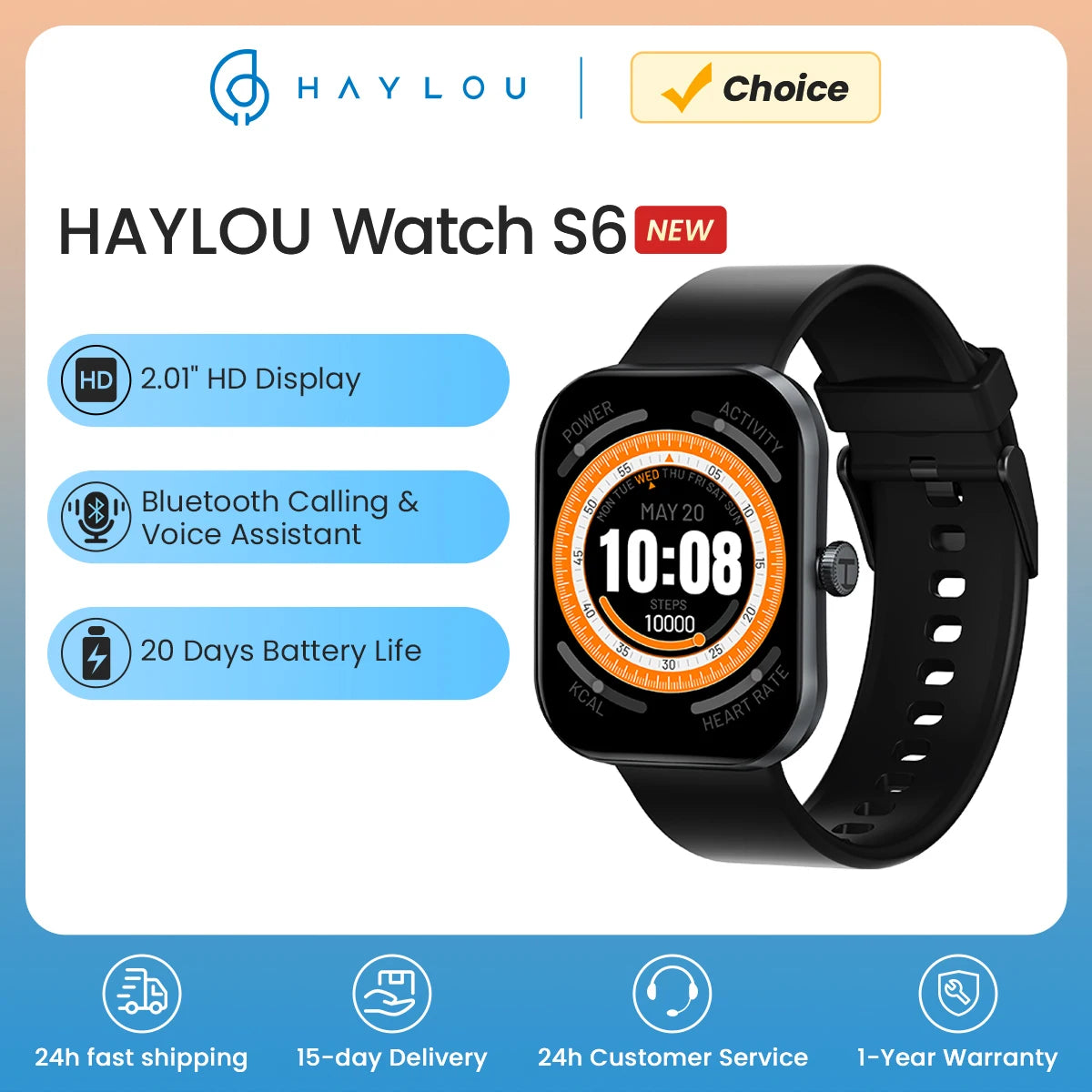 HAYLOU Watch S6 Smartwatch – 2.01" Display, Bluetooth Calling, Heart Rate & SpO2 Monitor, 7-Day Battery Life Tech-store